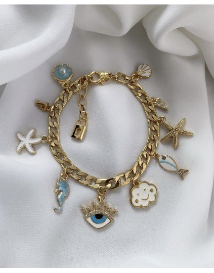 14k altın kaplama ithal gurmet zincir deniz ve gökyüzü temalı 11 charm özel tasarım harfli pandora bileklik 14k altın kaplama ithal gurmet zincir deniz ve gökyüzü temalı 11 charm özel tasarım harfli pandora bileklik