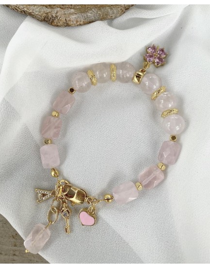 12mm pembe kuvars taşı swarovski pembe şans yoncası özel tasarım doğaltaş bileklik
