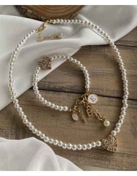 6mm sedef inci swarovski baget kalp özel tasarım kolye bileklik seti