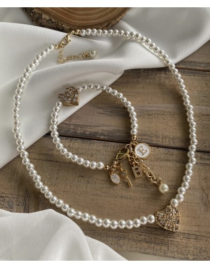 6mm sedef inci swarovski baget kalp özel tasarım kolye bileklik seti