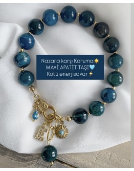 10mm küre kesim mavi apatit taşı kötü enerji ve nazara karşı koruma bilekliği