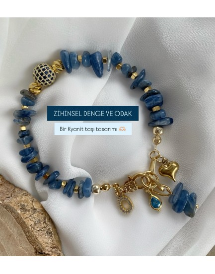 doğal kyanit taşı zihinsel denge ve odak bilekliği özel tasarım harfli ve charmlı model