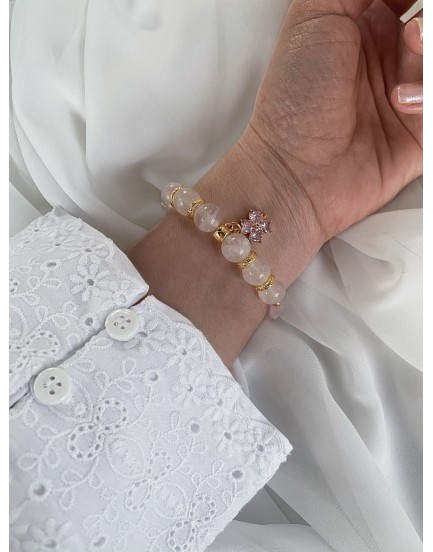 12mm pembe kuvars taşı swarovski pembe şans yoncası özel tasarım doğaltaş bileklik