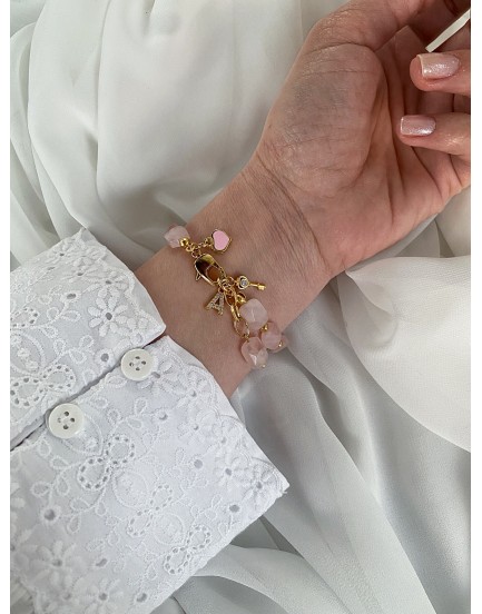 12mm pembe kuvars taşı swarovski pembe şans yoncası özel tasarım doğaltaş bileklik
