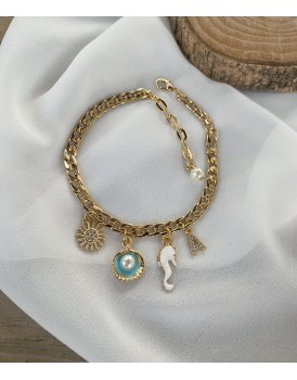 ithal ezme zincir turkuaz istiridye charm deniz ve gökyüzü temalı harfli özel tasarım halhal