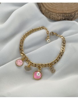 ithal ezme zincir pembe istiridye charm zirkon harf smile halhal