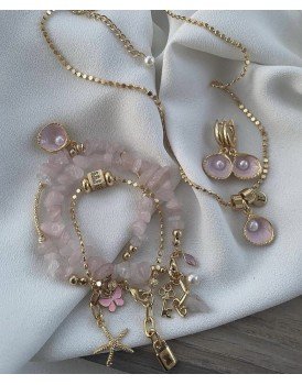 pembe kuvars taşı pembe istiridye inci charm doğaltaş 5li kolye bileklik küpe seti