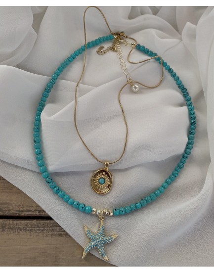 5mm firuze taşı zirkon deniz yıldızı charm doğal taş kolye ve kobra zincir firuze taş sanat kolye