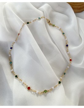 kum inci ve renkli swarovski taş rengarenk şans kolyesi
