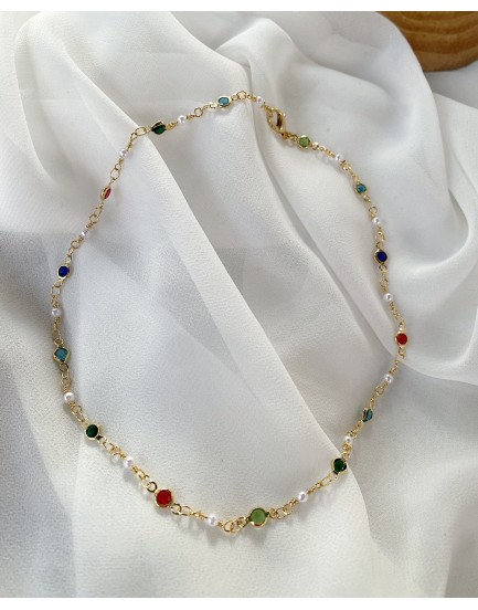 kum inci ve renkli swarovski taş rengarenk şans kolyesi