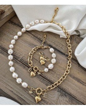 10mm orjinal tatlı su incisi dolgu kalp charm harfli kolye bileklik küpe inci set