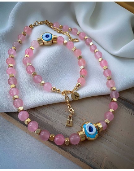 Pembe kuvars taşı tasarım kolye bileklik seti
